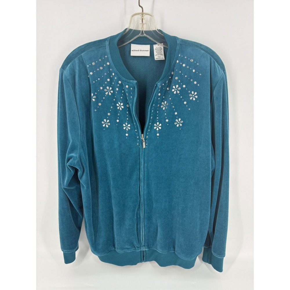 Alfred Dunner‎ Womens Jacket Size 16 Blue Velour Floral Rhinestone Zip Up